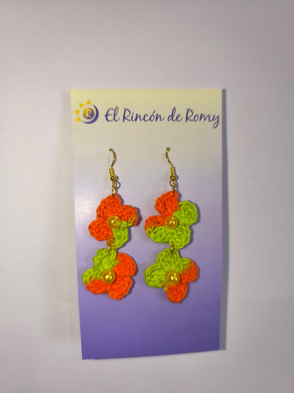 Pendiente doble colgante flor naranja y verde